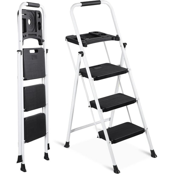 ANHXN Ladder with Tool Tray, Folding Step Stool with Wide Anti-Slip Pedal and Handgrip, Heavy Duty Steel Step Ladder for Home Kitchen Office Shop