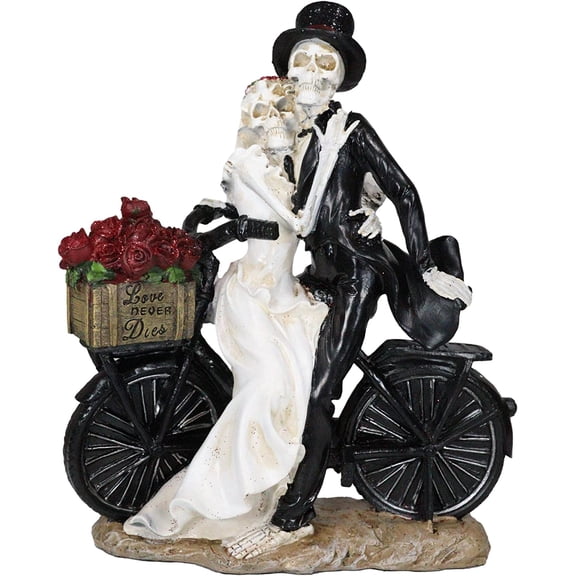 ANHXN Love Never Dies Romantic Skeleton Bridal Couple On Bicycle with Flower Basket of Red Roses Figurine Day of The Dead Gothic Bride and Groom Macabre Halloween Boudoir Decor
