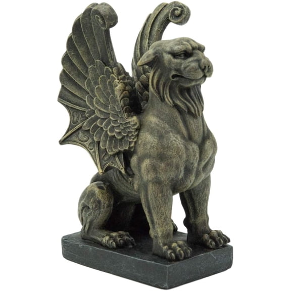 ANHXN Muscular Stoic Lion Gargoyle with Griffin Wings Crouching On Pedestal Decorative Statue