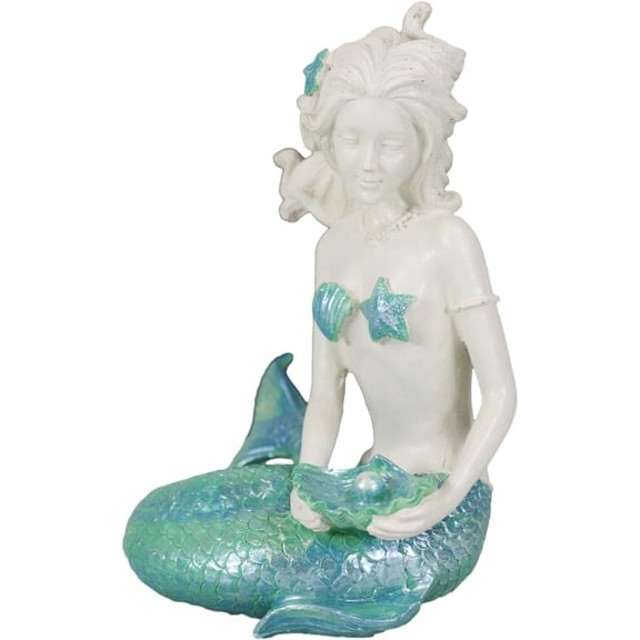 ANHXN Nautical Blue Tailed Siren Mermaid with Seashell and Starfish Statue Ocean  Princess Coastal Beach Under The Sea Decorative Accent