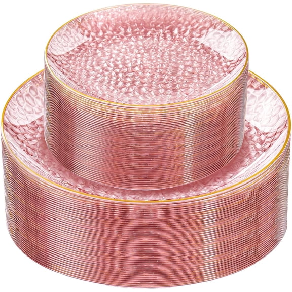 ANHXN Plastic Plates,Disposable Plates With Gold Rim,Hammered Party Plates Include Dessert-Platos,Dinner-Platos for Wedding, Party