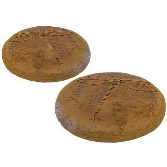 ANHXN Round Dragonfly Stepping Stones, Pack of 2, Concrete Garden Discs with Raised Dragonfly Design, Durable Brown Hues, Flat Base for Easy Placement, Outdoor Pathway Decor