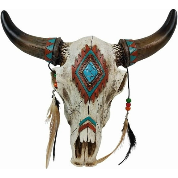 ANHXN Rustic Southwest Tribal Bull Cow Skull with Feathers, Beads & Faux Turquoise Stone Hanging Wall Dcor