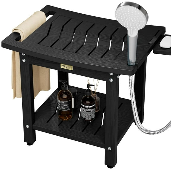 ANHXN Shower Chair for Inside Shower: Oversized Waterproof/No Maintenance - Shower Stool with Shelf & Handle - Bathrooms/Outdoor - Non-Slip Easy Assemble Bench for Adult/Elderly/White