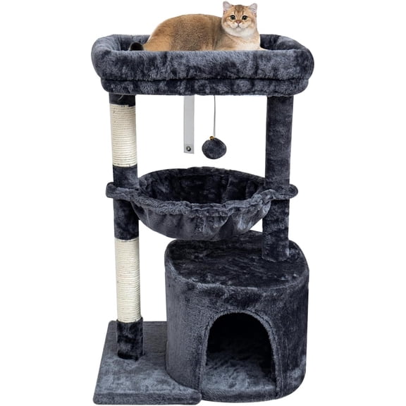 ANHXN Small Leopard Print Cat Tree for Indoor Cats, Cat Tower with Scratching Post, Modern Cat House with Padded Perch, Kittens Condo with Cradle