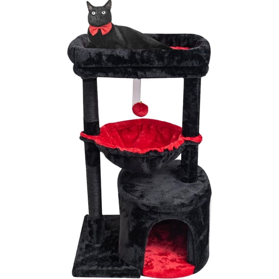 ANHXN Small Leopard Print Cat Tree for Indoor Cats, Cat Tower with Scratching Post, Modern Cat House with Padded Perch, Kittens Condo with Cradle