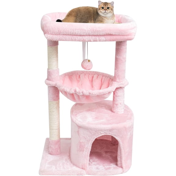 ANHXN Small Leopard Print Cat Tree for Indoor Cats, Cat Tower with Scratching Post, Modern Cat House with Padded Perch, Kittens Condo with Cradle