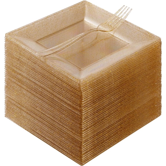 ANHXN Square disposable dessert plates paired with matching forks feature gold glitter detailing and are suitable for parties and weddings.