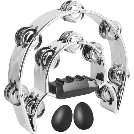 ANHXN Tambourine Music Percussion Instrument Metal Bell Handheld Half-Moon Tambourine Chrome Plated Handdrum Metallic Texture and for Adults KTV Party Band