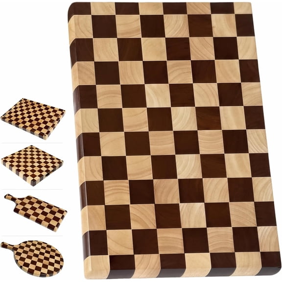 ANHXN This acacia wood checkered butcher block works as a kitchen chopping board and charcuterie serving tray for meat, fruit, bread and vegetables.