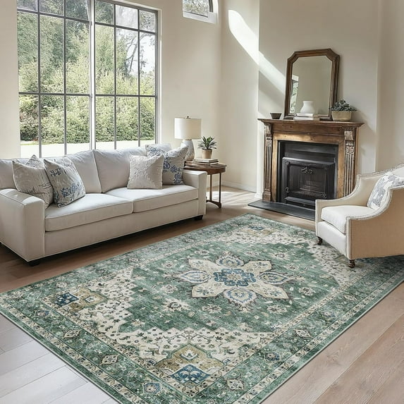ANHXN Washable Area Rug, Low-Profile Large Area Rug with Non-Slip Backing & Durable Edge Binding, Vintage Rugs for Living Room, Bedroom, Dinning Room
