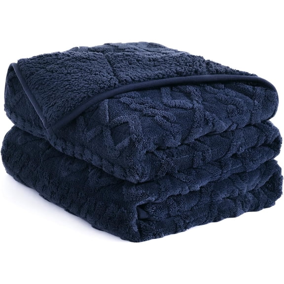 ANHXN Weighted Blanket Twin Size , Soft Weighted Blanket with Doubled-Sized Shaggy Sherpa, Jacquard Knitted Warm Weighted Blankets Throw for Better Sleep, Navy Blue,