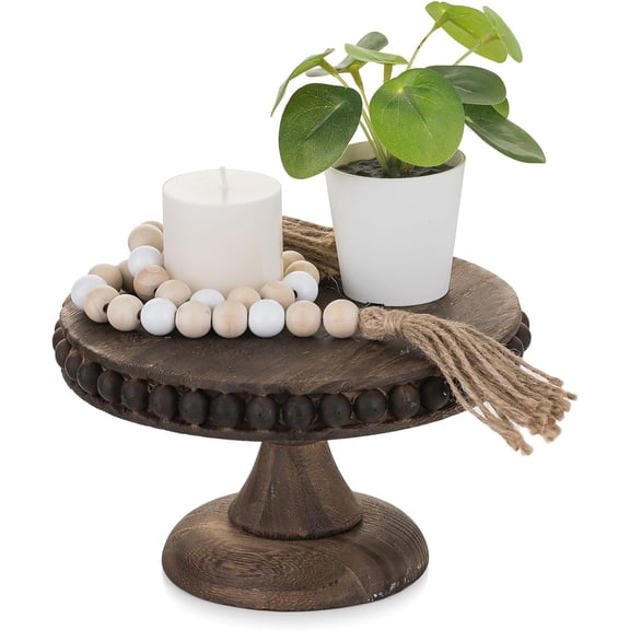 ANHXN Wood Cake Stand: Cupcake Pedestal Stand Dessert Display Riser Distressed Rustic Round Cakes Holder Tray Vintage Beads Wooden Plate for Wedding Birthday Decor