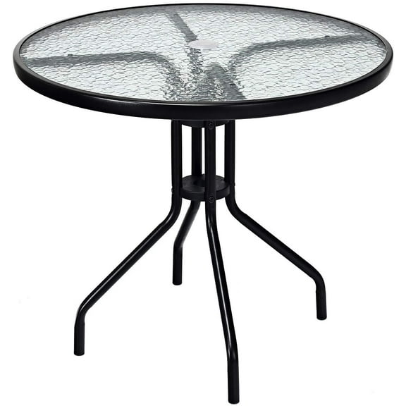 ANHXNOutdoor Round Patio Table with Umbrella Hole, All Weather Dining Table Tempered Glass Top, Bistro Table Coffee Table Furniture Commercial Party Event for Backyard Lawn Balcony Pool