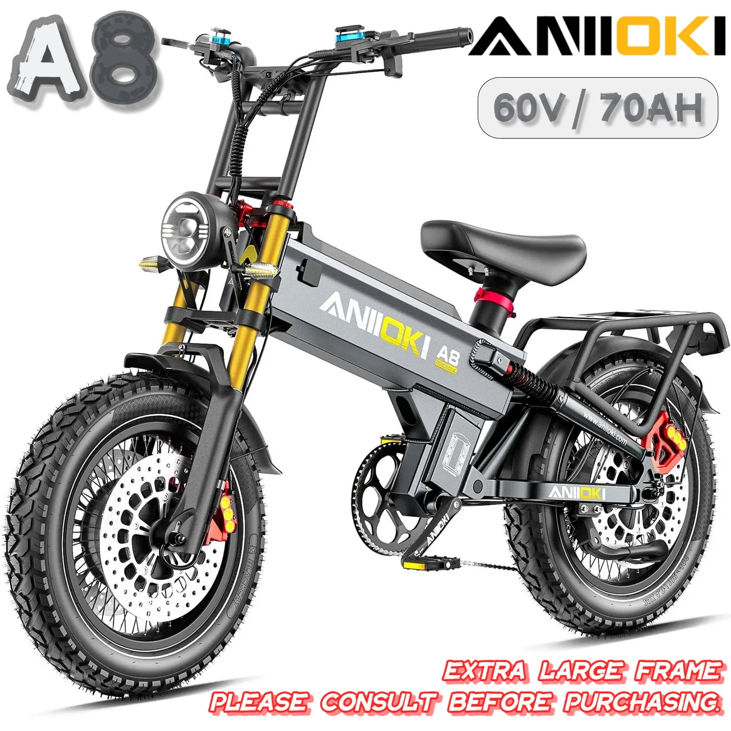 ANIIOKI A8 Pro Max 60V 70Ah Mountain Electric Bike for Adult, 230 Miles Long Range, 5600W Dual Motor,47mph,UL2849,CBS & Dual Front Disc Brakes, Smart Media System, New Charger Technology, Gray