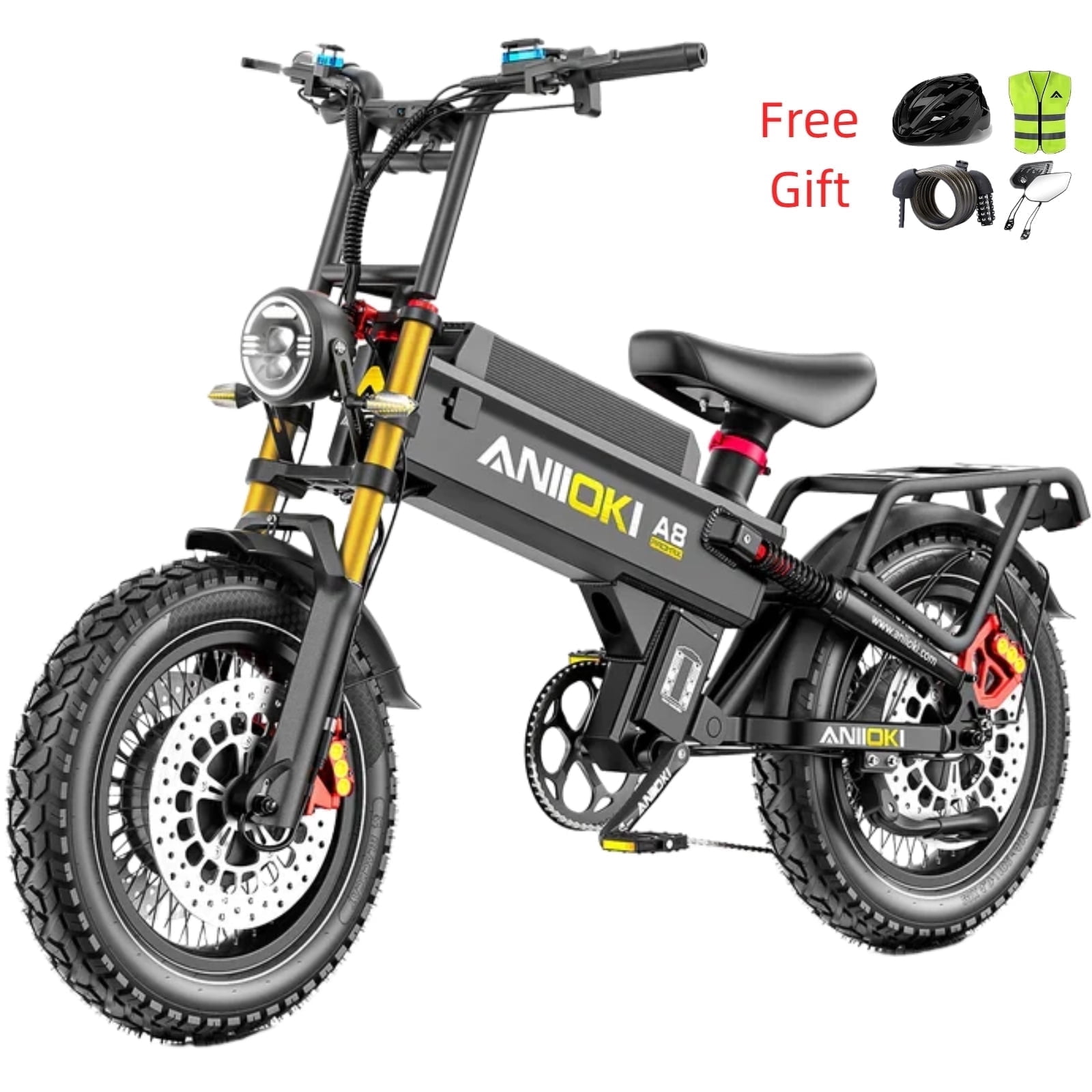 ANIIOKI A8 Pro Max 60V 80Ah Dual Motor Electric Bike, 5600W Peak, 20"x4.0" Fat Tire E-Bike for Adults, CBS Dual Front Disc Brakes, 7-Speed