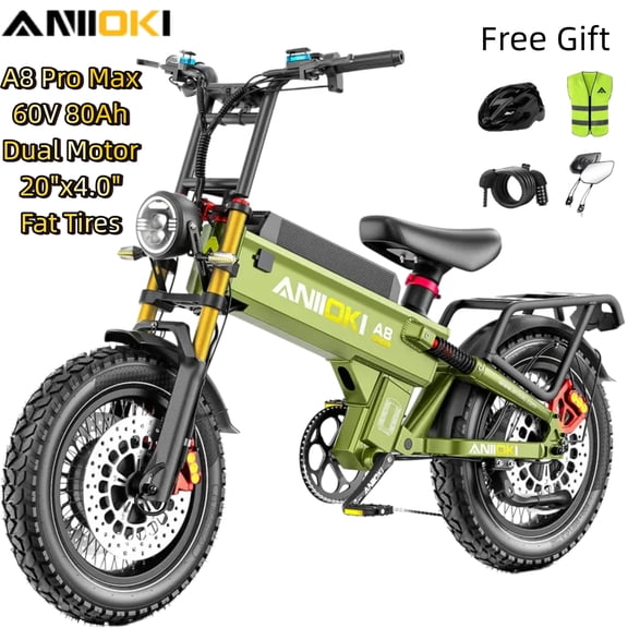 ANIIOKI A8 Pro Max Dual Motor Off-Road Electric Bike for Adults,60V 70Ah,5600W Peak,42 MPH,20"x4.0" Fat Tires,Full Suspension,7-Speed