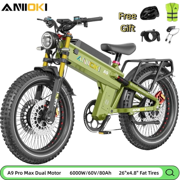 ANIIOKI A9 Pro Max Electric Bike 2025 Upgraded,6000W(Peak) Dual Motor 60V 80Ah,200 Miles Long Range,Shimano 7-Speed, All-Terrain 26"x4.8" Fat Tire Ebike UL2849