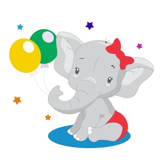 ANIMALS - Baby Elephant Red Ribbon Outfit Removable Mural Art Decoration Sticker Multicolored Art Stars & Balloons Design Vinyl Kids Bedroom Wall Decal 20" x 18"