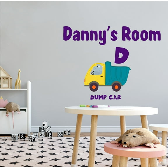 ANIMALS - Kids Nursery Bedroom Customized Name Decoration Letter D Alphabet Hippo & Dump Truck Design Removable Vinyl Wall Decal - Home Art Wild Safari Animal Adhesive Wall Décor Sticker 10" x 8"