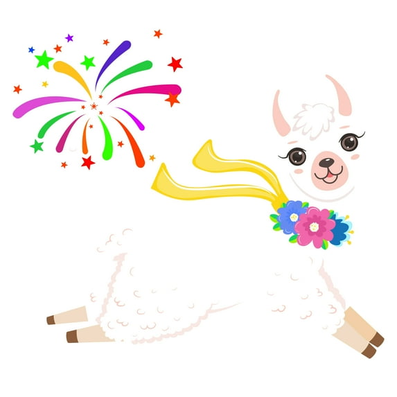 ANIMALS - Nursery Kids Bedroom Colorful Alpaca Animal Mural Art Decoration Fireworks & Multicolored Floral Scarf Design Vinyl Adhesive Wall Decal - Home Living Room Animal Art Wall Sticker 20" x 18"