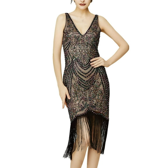 ANINEO 1920 Gala Party Vintage Dress Irregular Hem Party Gathering Sequin V-Neck Fringe Dresses