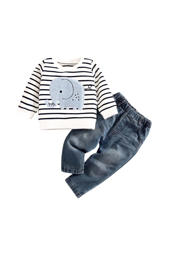 Baby Boy Elephant Stripe Long Sleeve Tops With Denim Pants Soft Casual Outfit Sets Toddler Autumn Playwear Breathable Child Clothes Sets