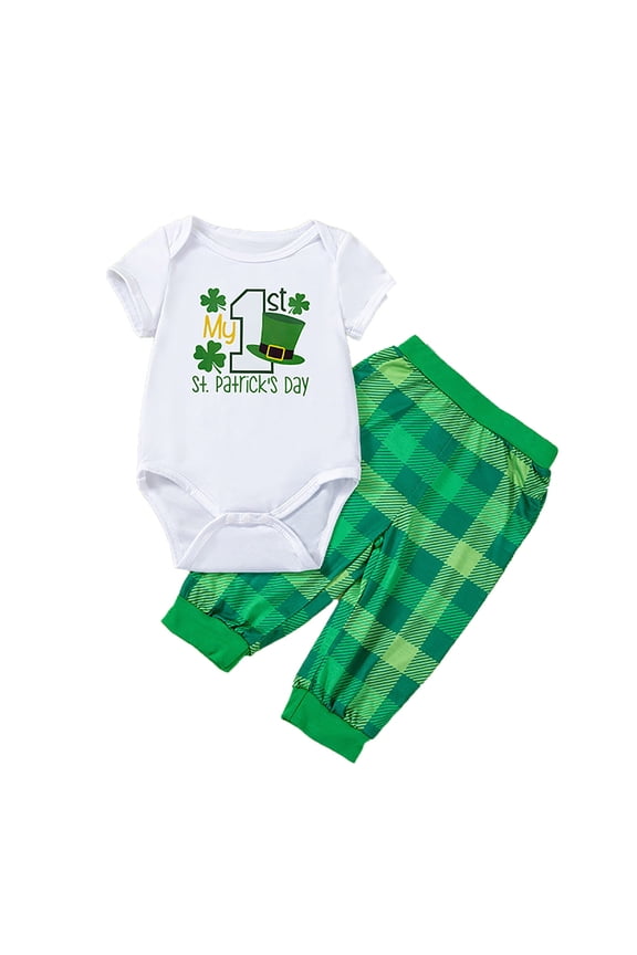 ANINEO Baby Boys My First St. Patrick's Day Outfits Green Long Sleeve Romper Clover Print Trousers 2Pcs Set