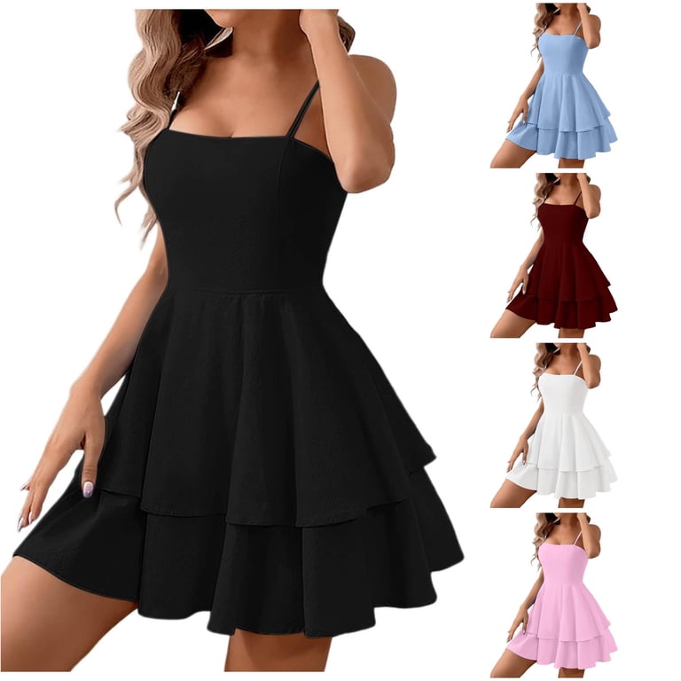 boho dresses simple solid colors ANINEO For Women Blue Sling With Square Neckline And Backless Bow Double Ruffle Hem Spaghetti Strap Color Sleeveless Vacation Dress MARCH 24 Design:7 The subtle hollow out Junior Bridesmaid Dresses –