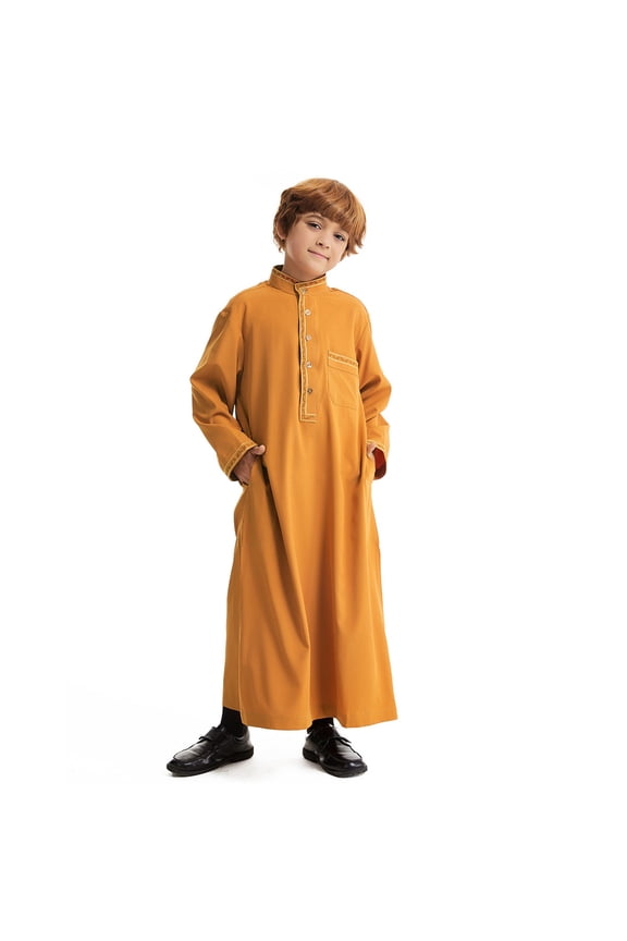 Boy's Arab Solid Color Thobe Long Sleeve Kaftan Embroidered Robe Arabic Abaya Thobe