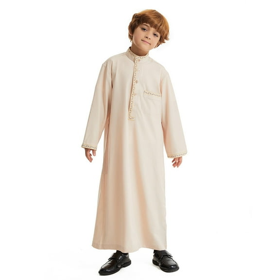 ANINEO Boy's Arab Solid Color Thobe Long Sleeve Kaftan Embroidered Robe Arabic Abaya Thobe