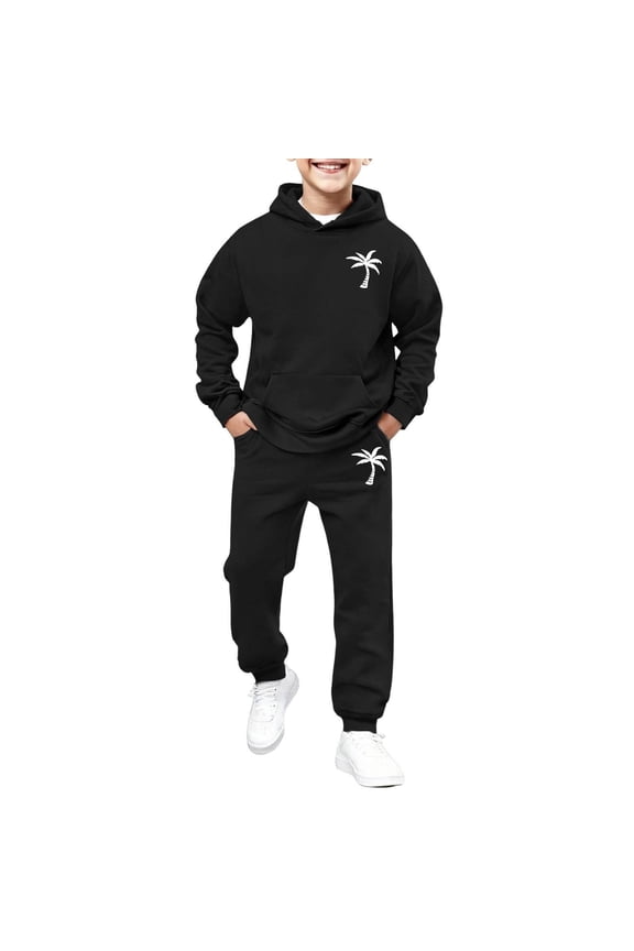 Boys Coconut Tree Print Outfit Sets Long Sleeve Pullover Hoodie And Jogger Pants Comfortable Casual Playwear Toddlers Kids Stylish Child Clothes Sets