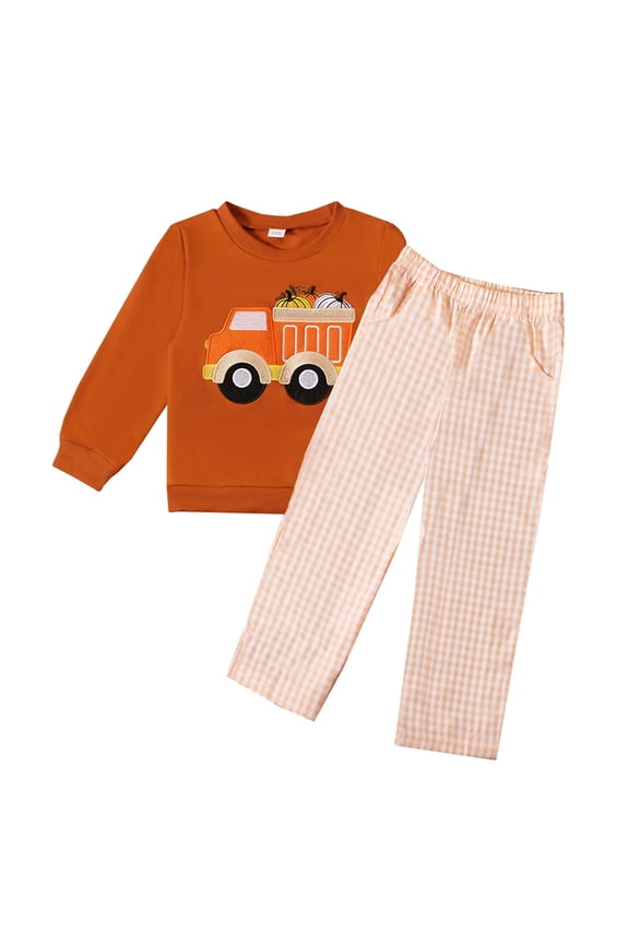 Child Boys Fall Outfits Long Sleeve Crewneck Sweatshirt With Cartoon Embroidery And Plaid Trousers Two Piece Kids Autumn Thanksgiving Holiday Outfits Stylish Clothes Sets