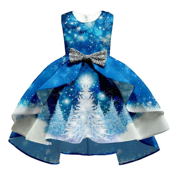 ANINEO Child Christmas Themed Girls Dress With Santa Reindeer Print Long Tray Train Bow Back Elegant Pageant Gown For Holiday Performance Party O-Neck Sundress