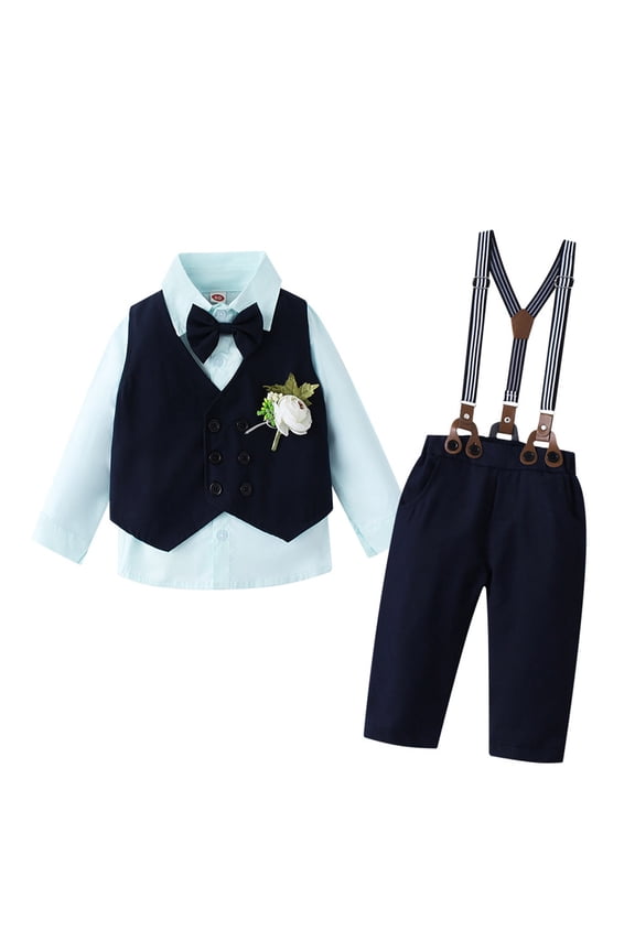 ANINEO Child Kids Elegant Long Sleeve Shirt With Vest And Boutonniere Piece For Boys Formal Wedding Party And Performance Attire Outfits Lovely O-Neck Clothes Sets