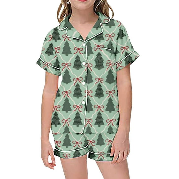 ANINEO Child Kids Outfit Sets Christmas Santa Girls Outfit Short Sleeve Tops With Button Down Collar And Comfy Shorts For Festive Holiday Family Nights Cozy Lapel Clothes Sets