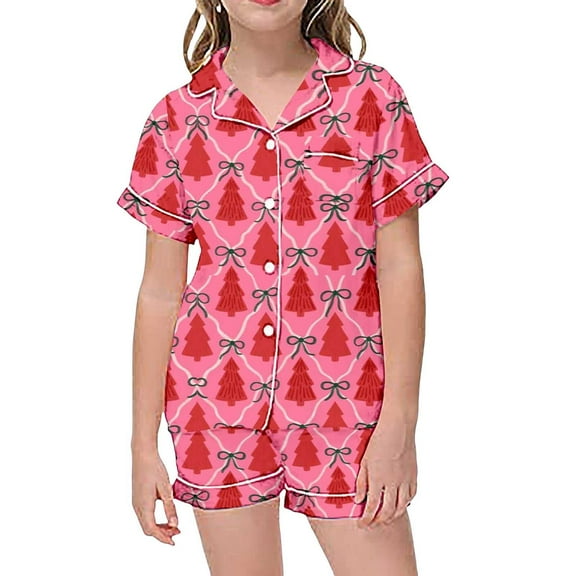 ANINEO Child Kids Outfit Sets Christmas Santa Girls Outfit Short Sleeve Tops With Button Down Collar And Comfy Shorts For Festive Holiday Family Nights Fashionable Lapel Clothes Sets
