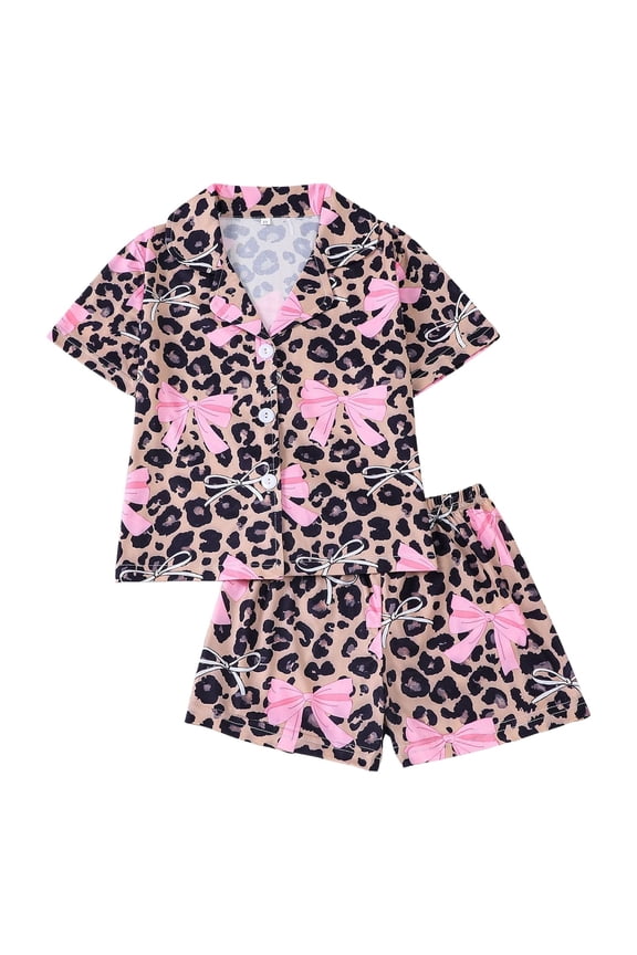 Child Outfit Sets 4 Seasons Girls Outfit Short Sleeve Shorts Cardigan Print Soft Sleep For Toddler Kids Youth Comfortable Clothing Soft Lapel Shirts And Pants Clothes Sets