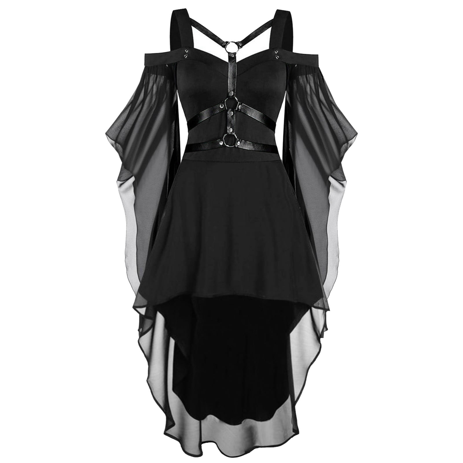 Generisch Cocktailjurken voor dames in grote maten, modieus, gothic-stijl, midi-jurk, croset, lange uitlopende mouwen, onregelmatige lengte, chiffonjurk met korte mouwen, partyjurk, marineblauw, XXL