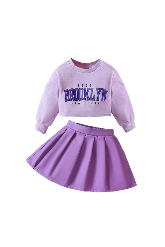 Girl's Autumn/winter Letters Printed Plush Bust Skirt Suit Purple Jacket And Purple Skirt Stylish Child Dailywear