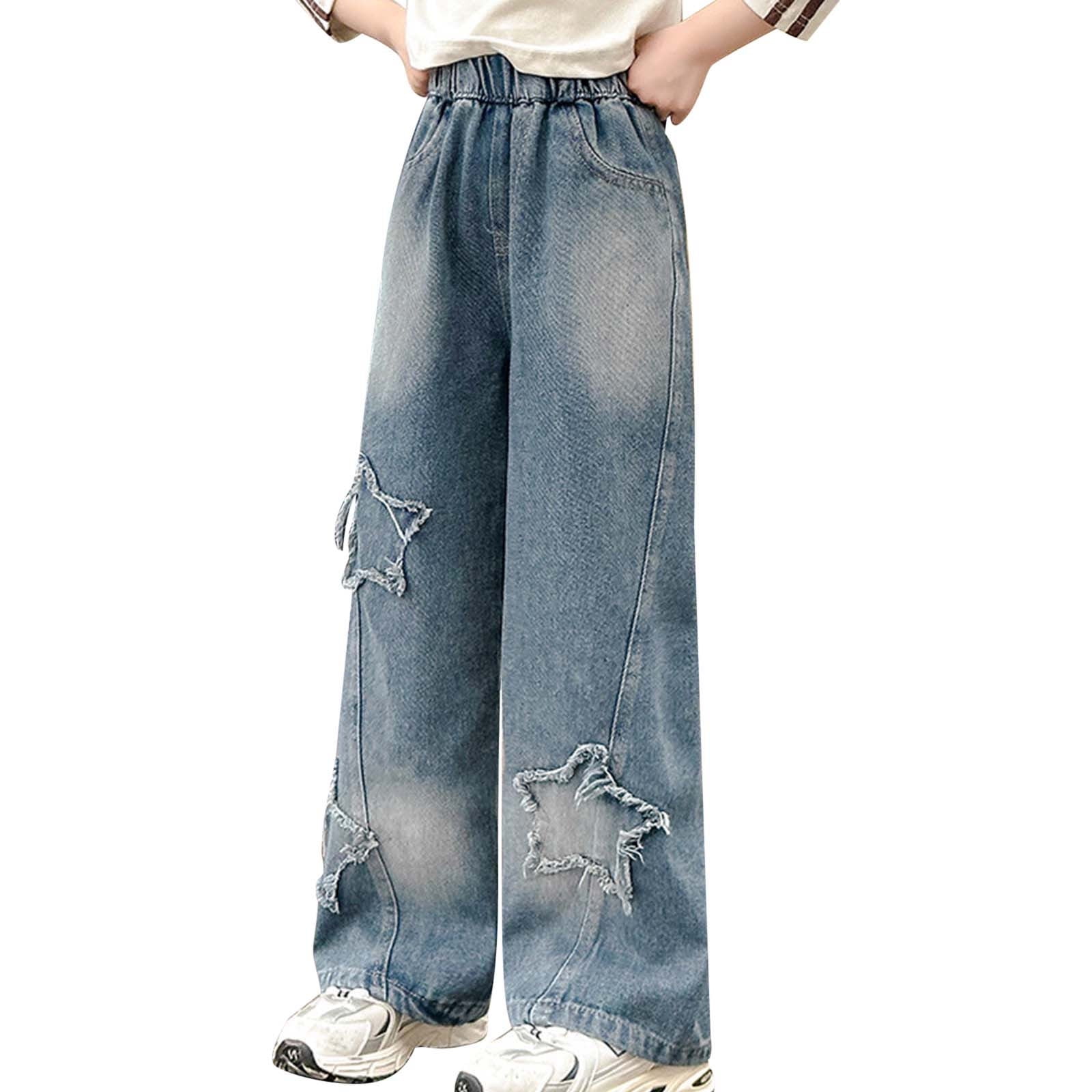 WDIRARA Girls' Heart Patched Elastic Waist Jeans - Straight Leg Denim Pants For Casual Wear