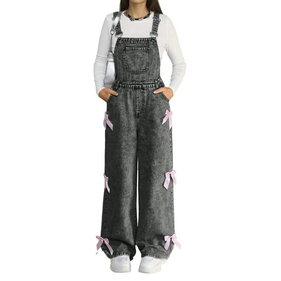 ANINEO Girls Denim Overalls Snowflake Washed Wide Leg Jumpsuit With Bow Casual Fashion For Teen Girls Birthday Child Dailywear