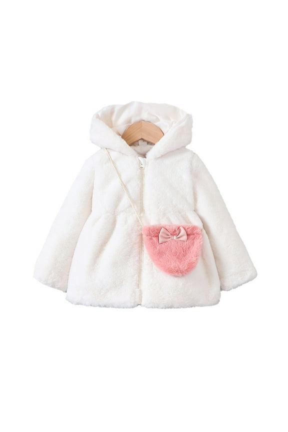 ANINEO Girls' Faux Rabbit Wool Solid Color Hooded Coat with Satchel 1-6 Years
