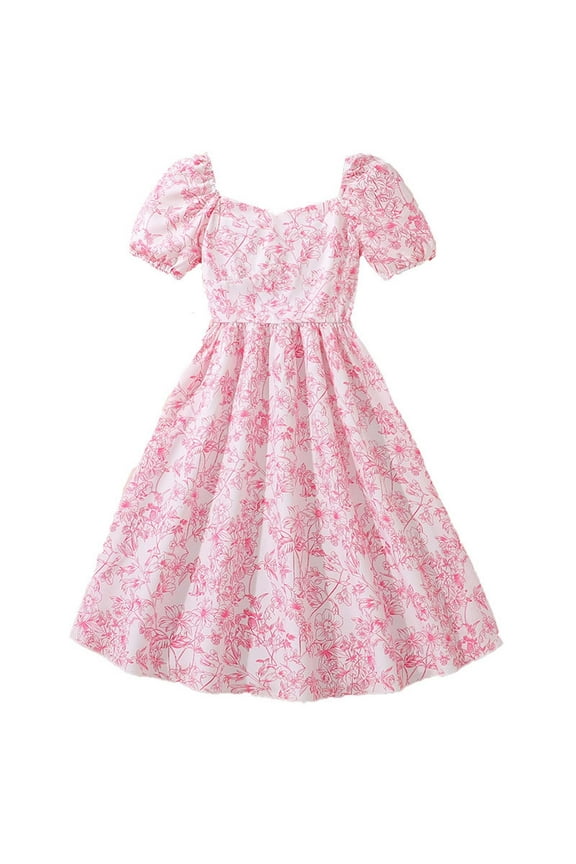 Girls Floral Dress Puffed Sleeves Boho Dresses Ruffle Casual Summer Square Neck Dressy Frocks for Kids Girls