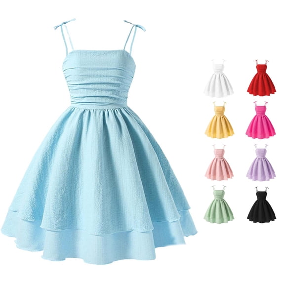 ANINEO Girls Summer Dresses Kids Sleeveless Solid Color Bowknot Spaghetti Strap For Little Girls Comfort Smocked Ruched A-Line Swing Layered Bow Tie Shoulder Flowy Cami Mini Dres Comfort Dress