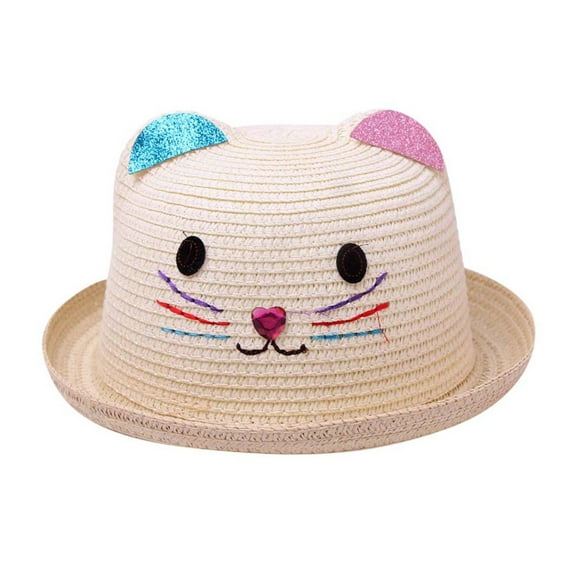 ANINEO Kids Anti-UV Straw Sun Hat Cat Ear Summer Cap for Girl Boys Bucket Hat