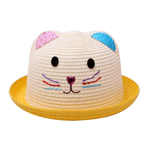 ANINEO Kids Anti-UV Straw Sun Hat Cat Ear Summer Cap for Girl Boys Bucket Hat