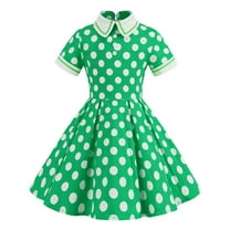 ANINEO Kids Girls Vintage Polka Dot Girls Dress Short Sleeve Turn Down Collar Swing Dress Party Dress