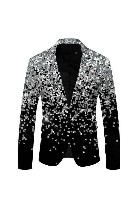 ANINEO Men 3D Sequin Suit Printed Pockets Lapel Button Up Blazers Suit Style Four Male Dailywear