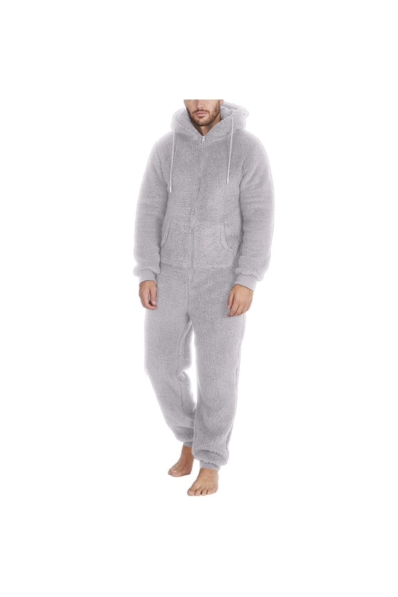 ANINEO Men Artificial Wool Long Sleeve Pajamas Casual Solid Color Zipper Loose Hooded O-Neck Jumpsuit Pajamas Casual Winter Warm Romper Sleepwear Leisure Male Loungewear